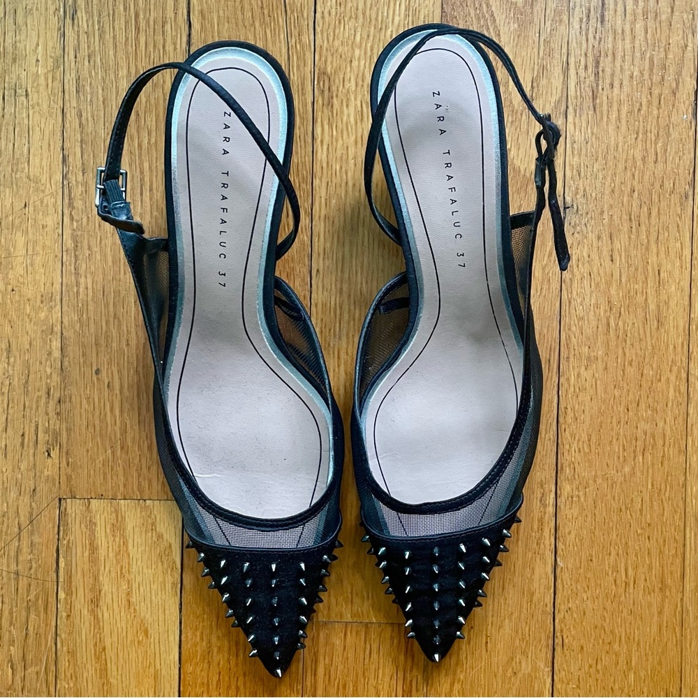 Zara studded mesh slingback heels, black, size 37